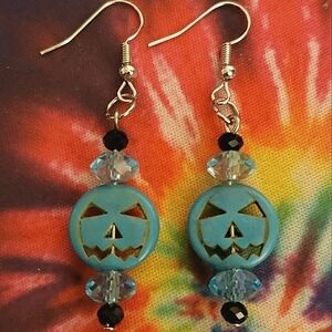 HANDMADE Turquoise Black Beaded Halloween Pumpkin Dangle Earrings